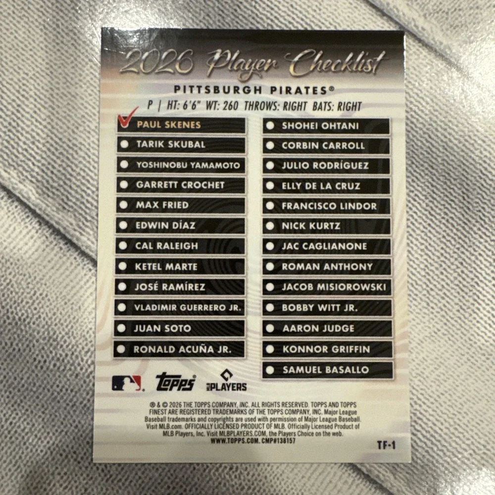 Topps 2026 Finest Paul Skenes Pittsburgh Pirates #103 TEAM FINEST CHECKLIST